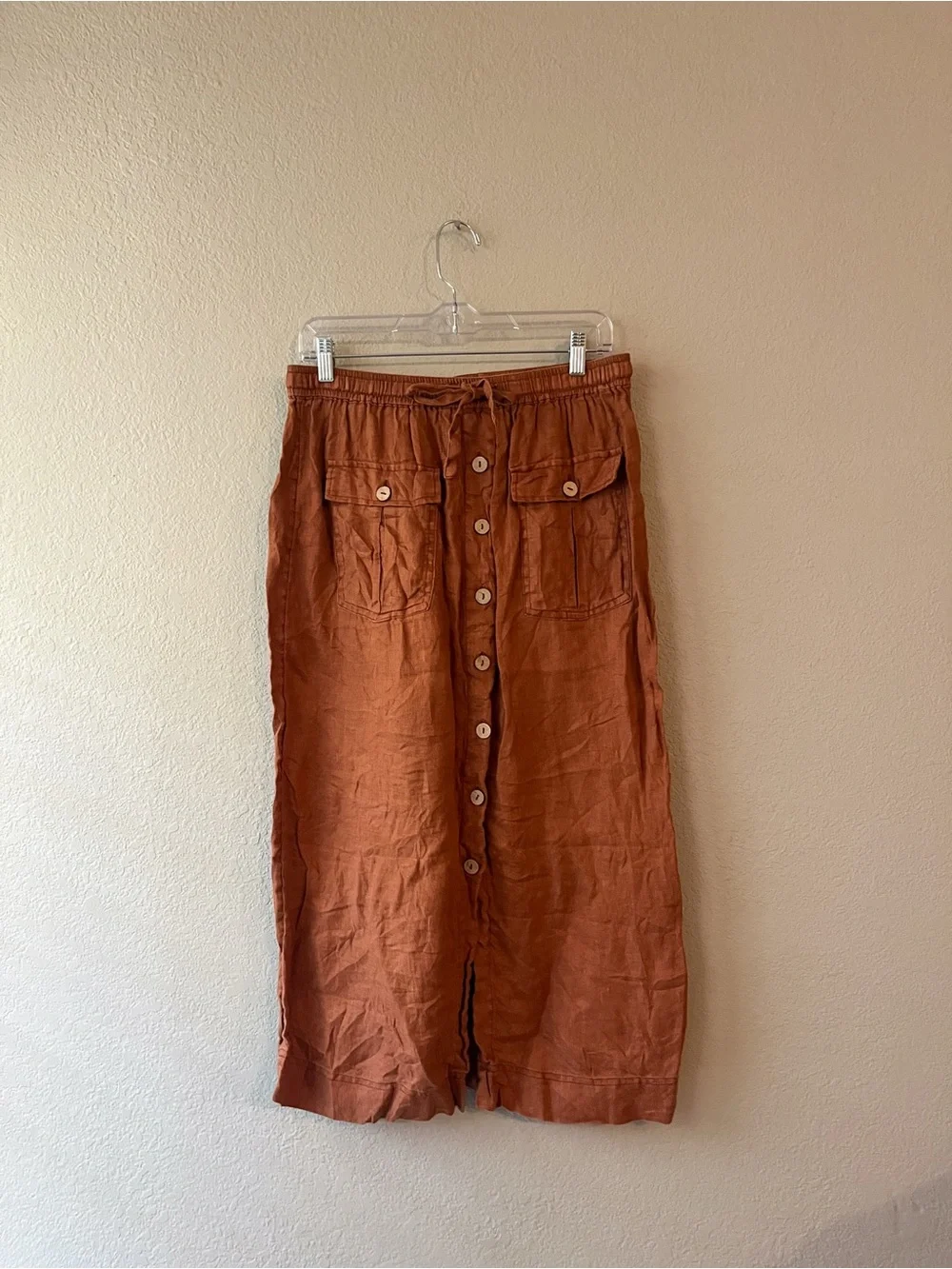 Nicole Miller Linen Copper Brown Button-Front Midi Skirt with Pockets Medium